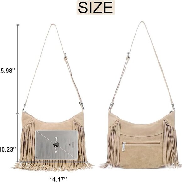 Classic 70s Style Fringe Shoulder Bag - Medium Vegan Suede Purse for Daily Use - Picture 4 of 6